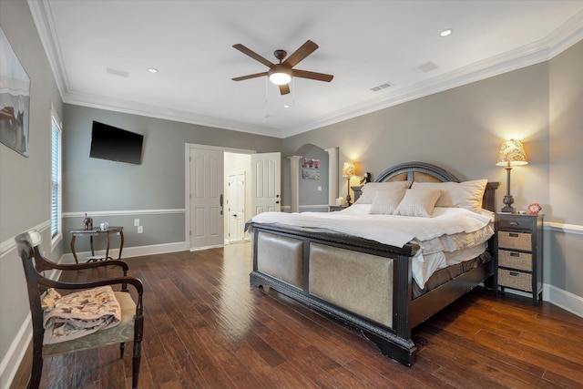 15355 Pleasant Grove Ln, Harrisburg, AR 72432 - bedroom featuring arched walkways, hardwood / wood-style flooring, recessed lighting, crown molding, and ceiling fan