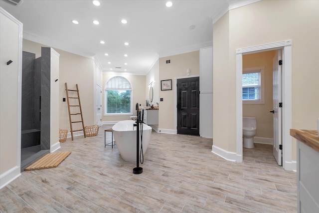 15355 Pleasant Grove Ln, Harrisburg, AR 72432 - interior space featuring crown molding, recessed lighting, and light wood-style flooring