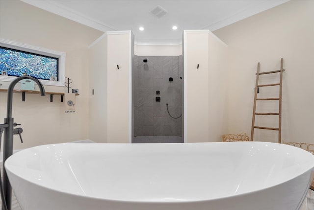 15355 Pleasant Grove Ln, Harrisburg, AR 72432 - full bathroom with walk in shower, ornamental molding, a freestanding tub, and recessed lighting