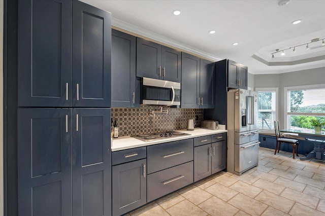 15355 Pleasant Grove Ln, Harrisburg, AR 72432 - kitchen featuring stainless steel appliances, backsplash, ornamental molding, light countertops, and recessed lighting