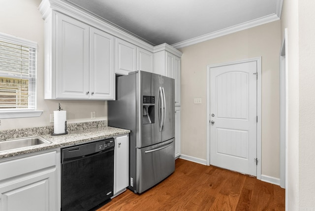 kitchen featuring black dishwasher, stainless steel fridge with ice dispenser, wood finished floors, white cabinetry, and ornamental molding