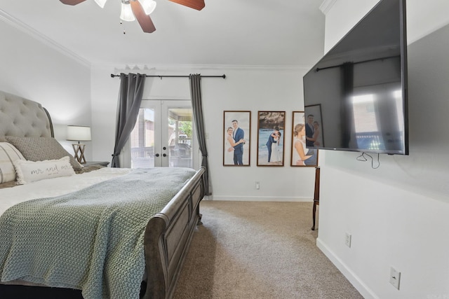 2716 Juniper Dr, Benton, AR 72015 - bedroom featuring french doors, light colored carpet, access to outside, ornamental molding, and a ceiling fan