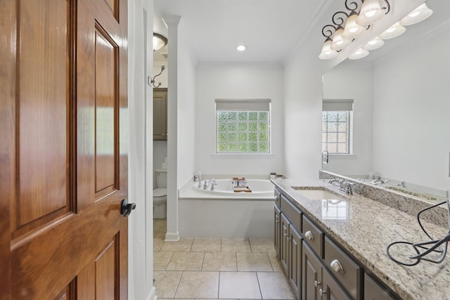2716 Juniper Dr, Benton, AR 72015 - full bathroom featuring a bath, vanity, tile patterned flooring, and ornamental molding