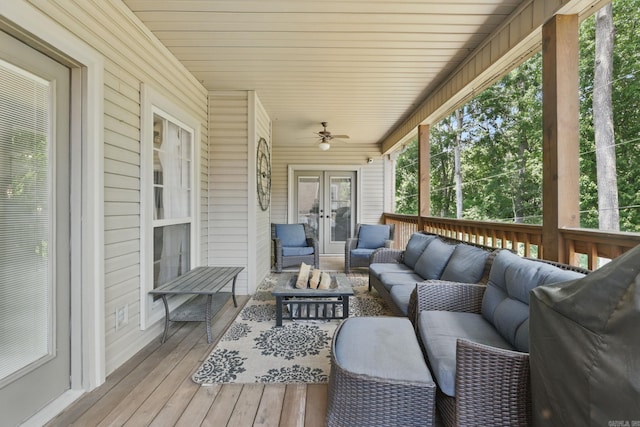 2716 Juniper Dr, Benton, AR 72015 - wooden terrace featuring french doors, an outdoor hangout area, and ceiling fan