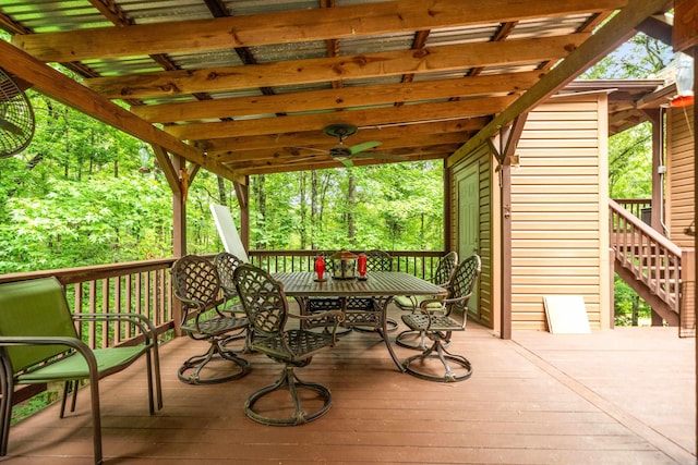 232 Alydar Trl, Hot Springs, AR 71901 - wooden terrace with ceiling fan, outdoor dining area, and stairs