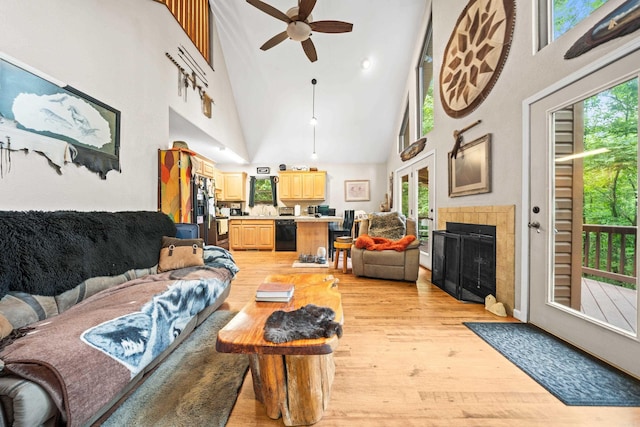 232 Alydar Trl, Hot Springs, AR 71901 - living area with high vaulted ceiling, light wood-type flooring, a ceiling fan, healthy amount of natural light, and a fireplace