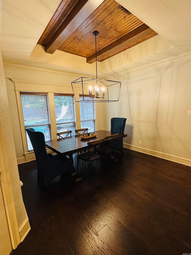 350 Wellesley, Conway, AR 72034 - dining space with a wood ceiling with exposed beams, dark wood finished floors, and a chandelier