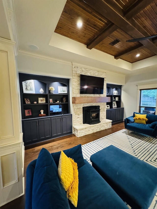 350 Wellesley, Conway, AR 72034 - living area with a wooden ceiling with exposed beams, wood finished floors, built in shelves, a raised ceiling, and recessed lighting