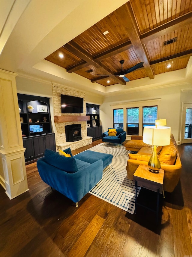 350 Wellesley, Conway, AR 72034 - living room featuring a wood ceiling with exposed beams, ceiling fan, dark wood-style flooring, coffered ceiling, and a fireplace