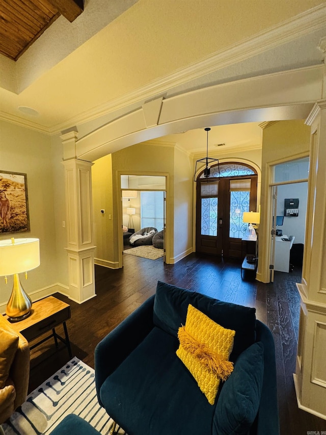 350 Wellesley, Conway, AR 72034 - living room featuring ornate columns, dark wood finished floors, and crown molding