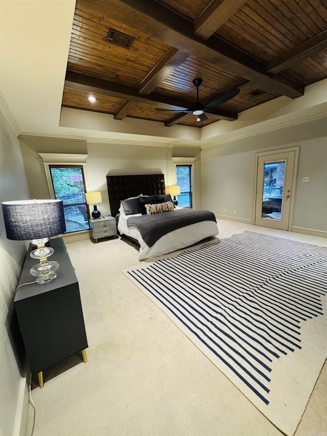350 Wellesley, Conway, AR 72034 - bedroom with a wooden ceiling with exposed beams, carpet flooring, coffered ceiling, and ceiling fan