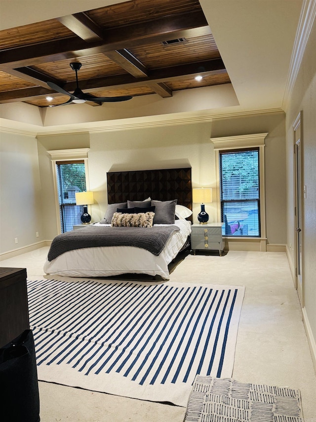 350 Wellesley, Conway, AR 72034 - carpeted bedroom with coffered ceiling, crown molding, and a wooden ceiling with exposed beams