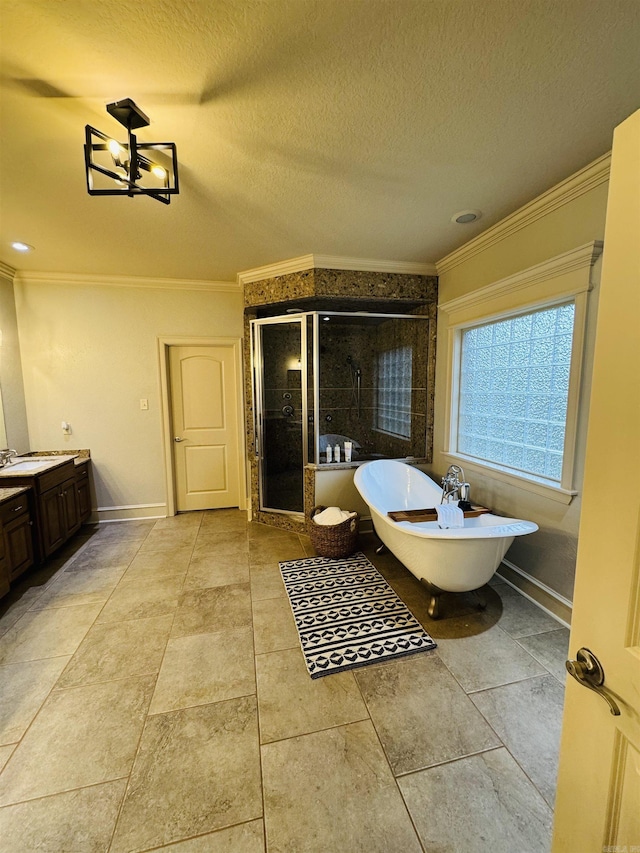 350 Wellesley, Conway, AR 72034 - bathroom with crown molding, a stall shower, a freestanding bath, vanity, and a textured ceiling