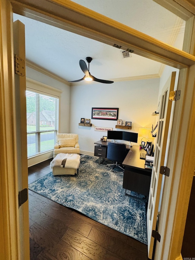 350 Wellesley, Conway, AR 72034 - home office featuring crown molding, hardwood / wood-style floors, and ceiling fan