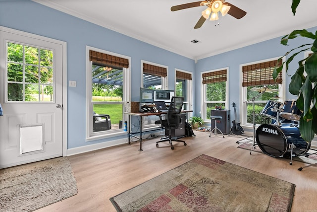 113 Friendship Ln, Beebe, AR 72012 - office featuring crown molding, wood finished floors, and a ceiling fan