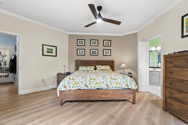 113 Friendship Ln, Beebe, AR 72012 - bedroom with ornamental molding, light wood-style floors, connected bathroom, and ceiling fan