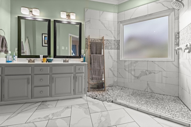 113 Friendship Ln, Beebe, AR 72012 - full bath with double vanity, marble look tiles, tiled shower, and crown molding