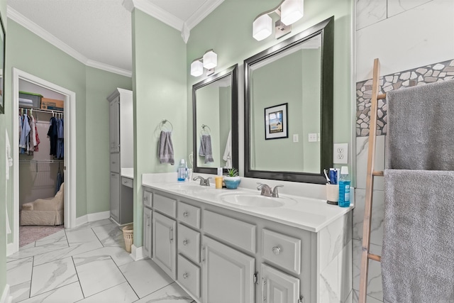 113 Friendship Ln, Beebe, AR 72012 - full bathroom featuring crown molding, double vanity, marble look tiles, and a walk in closet