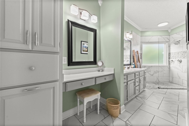 113 Friendship Ln, Beebe, AR 72012 - full bathroom featuring crown molding, a tile shower, marble finish flooring, and vanity