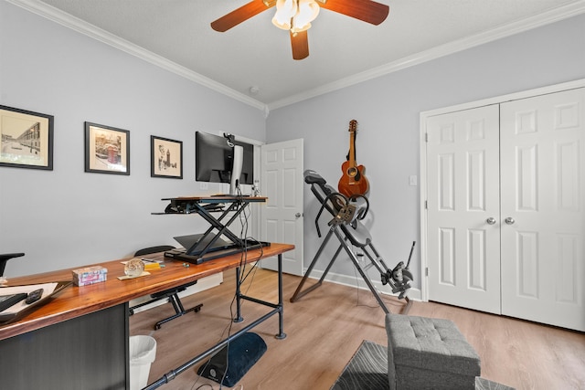 113 Friendship Ln, Beebe, AR 72012 - office space with crown molding, a ceiling fan, and light wood-style floors