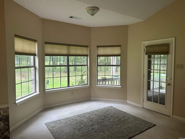 unfurnished room featuring light carpet and a textured ceiling