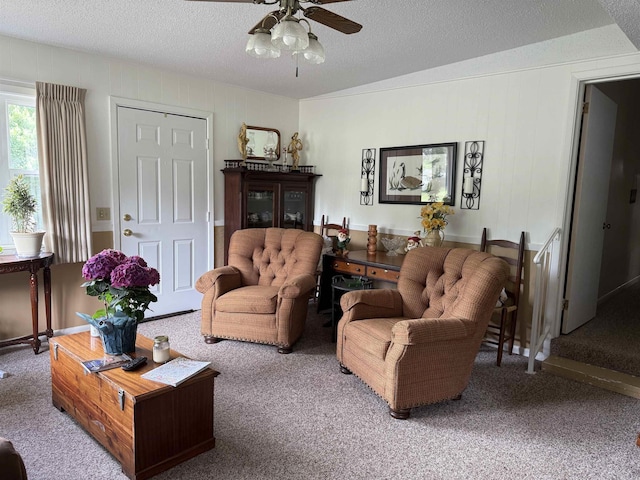 510 N 4th St, Heber Springs, AR 72543 - living room featuring carpet, a textured ceiling, and ceiling fan
