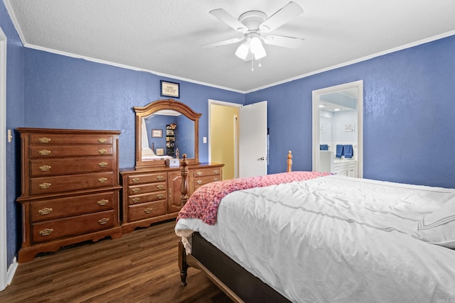 1903 W Arch Ave, Searcy, AR 72143 - bedroom with a textured wall, dark wood finished floors, crown molding, ceiling fan, and connected bathroom