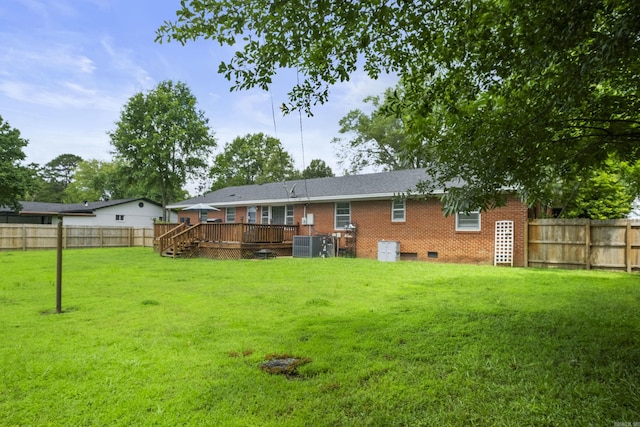 1903 W Arch Ave, Searcy, AR 72143 - rear view of property featuring a deck, a fenced backyard, brick siding, and crawl space