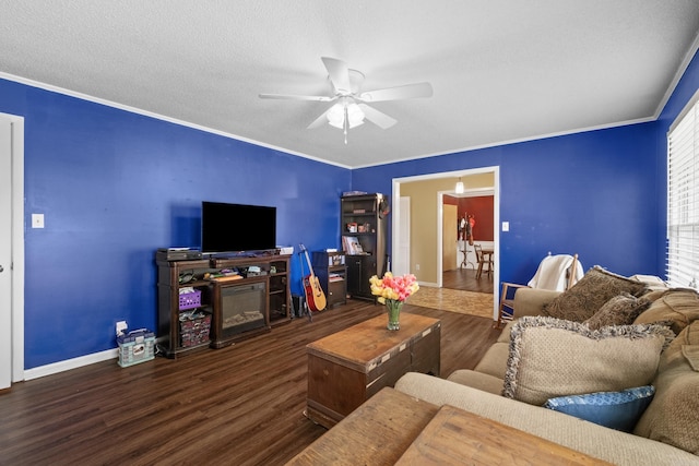 1903 W Arch Ave, Searcy, AR 72143 - living room featuring wood finished floors, a ceiling fan, ornamental molding, and a textured ceiling