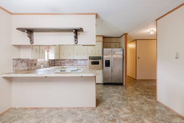 337 Lance Cir, Hot Springs, AR 71901 - kitchen featuring stainless steel fridge with ice dispenser, wall oven, open shelves, light countertops, and a peninsula