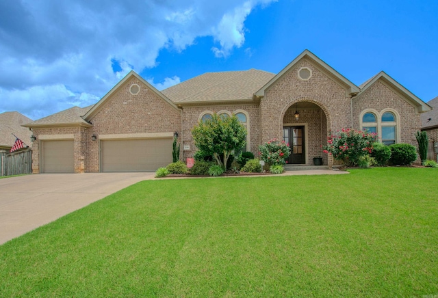 2148 Avondale Dr, Benton, AR 72019 - view of front of house with brick siding, a garage, a front lawn, driveway, and roof with shingles