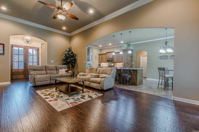 2148 Avondale Dr, Benton, AR 72019 - living area featuring arched walkways, a ceiling fan, hardwood / wood-style flooring, crown molding, and recessed lighting