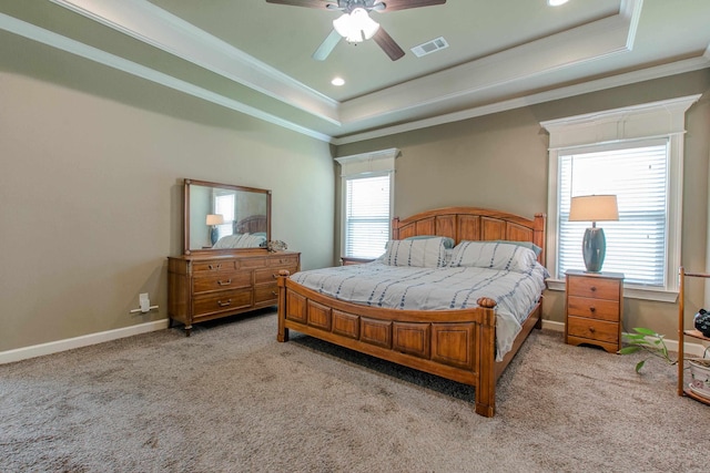 2148 Avondale Dr, Benton, AR 72019 - bedroom with a tray ceiling, light colored carpet, crown molding, a ceiling fan, and recessed lighting