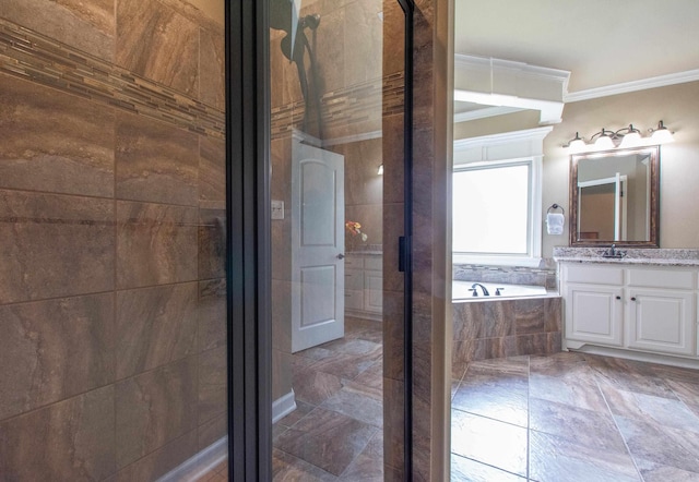 2148 Avondale Dr, Benton, AR 72019 - full bathroom featuring crown molding, vanity, a bath, and a shower stall