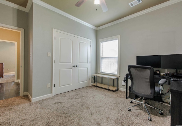 2148 Avondale Dr, Benton, AR 72019 - office with carpet floors, crown molding, and a ceiling fan