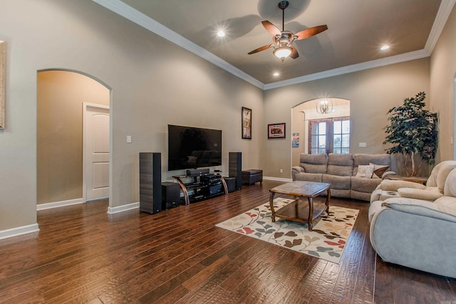 2148 Avondale Dr, Benton, AR 72019 - living area featuring arched walkways, ceiling fan, wood-type flooring, ornamental molding, and recessed lighting