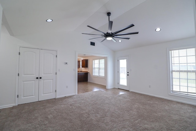 1206 Ryan Ln, Paragould, AR 72450 - unfurnished living room featuring ceiling fan, carpet flooring, lofted ceiling, and recessed lighting