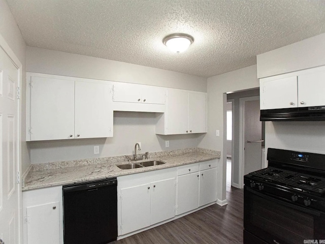 4207-4209 Moss St, North Little Rock, AR 72118 - kitchen featuring black appliances, a textured ceiling, under cabinet range hood, white cabinets, and dark wood finished floors