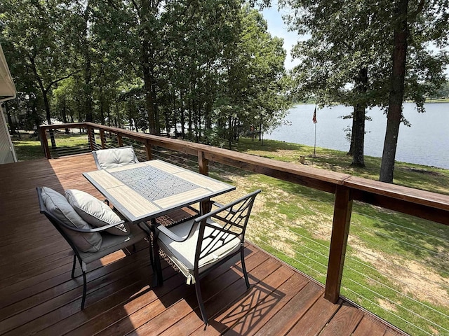 716 S Shore Dr, Horseshoe Bend, AR 72512 - wooden terrace with a water view, outdoor dining area, and a yard