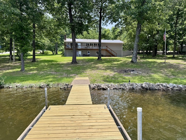 716 S Shore Dr, Horseshoe Bend, AR 72512 - dock area with a water view, stairway, and a yard