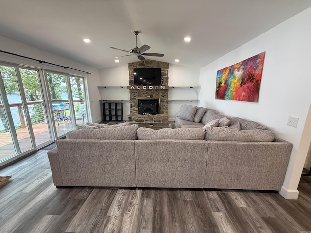 716 S Shore Dr, Horseshoe Bend, AR 72512 - living area featuring ceiling fan, dark wood finished floors, vaulted ceiling, a stone fireplace, and recessed lighting
