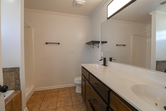 full bath with crown molding, double vanity, a relaxing tiled tub, a shower, and tile patterned floors