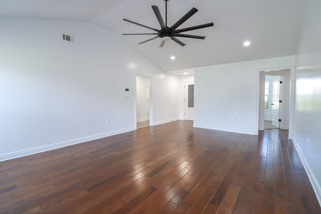 unfurnished living room with a ceiling fan, dark wood-style flooring, recessed lighting, and high vaulted ceiling