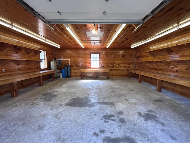 garage with wood walls