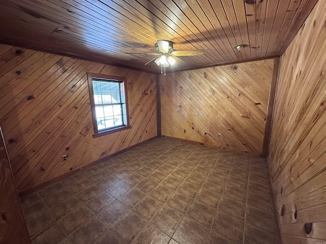 unfurnished room with wood walls and ceiling fan
