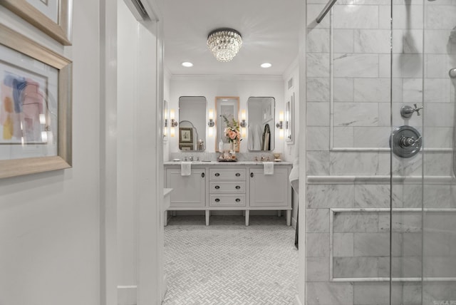 445 Midland St, Little Rock, AR 72205 - full bathroom with double vanity, tiled shower, crown molding, a chandelier, and recessed lighting