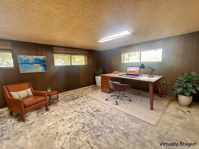 203 Richwood Dr, Mountain Home, AR 72653 - office area with healthy amount of natural light, a textured ceiling, and wooden walls
