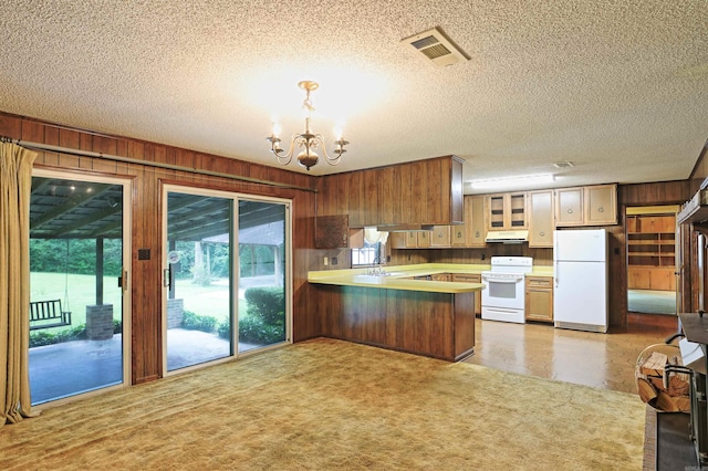 6 Elaine Rd, Sheridan, AR 72150 - kitchen with white appliances, a chandelier, healthy amount of natural light, a textured ceiling, and a peninsula