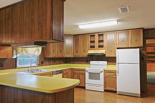 6 Elaine Rd, Sheridan, AR 72150 - kitchen with white appliances, extractor fan, a peninsula, light countertops, and a textured ceiling