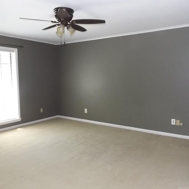 carpeted spare room featuring plenty of natural light, crown molding, and ceiling fan